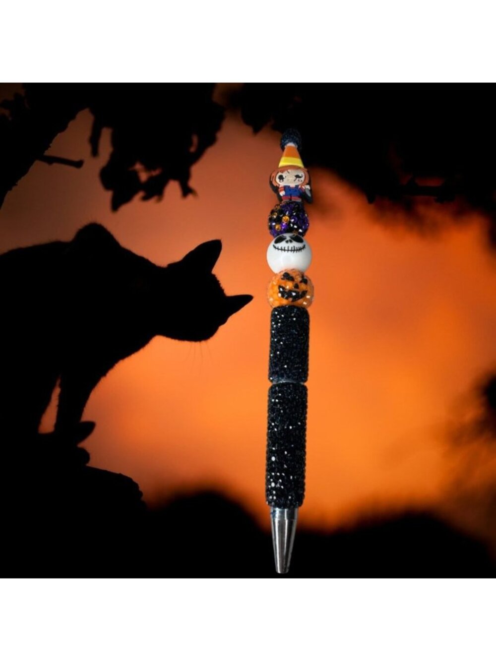 Halloween-Themed Beaded Pen With Pumpkin Skeleton & Candy Corn Accents Black Gli